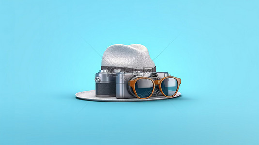 蓝色背景下的旅行必需品太阳镜帽子和相机 3D 渲染