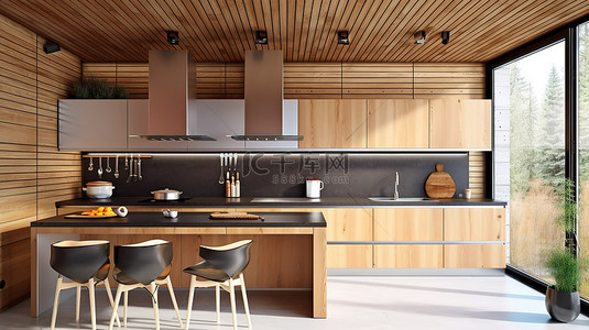 家居清背景图片_生态友好的现代厨房，配有 3D 渲染的时尚木质外观