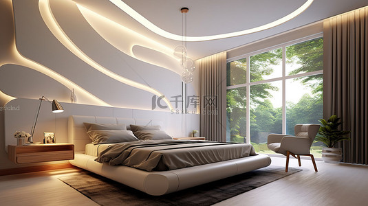 现代 3D 渲染白色卧室，配有舒适的环境照明