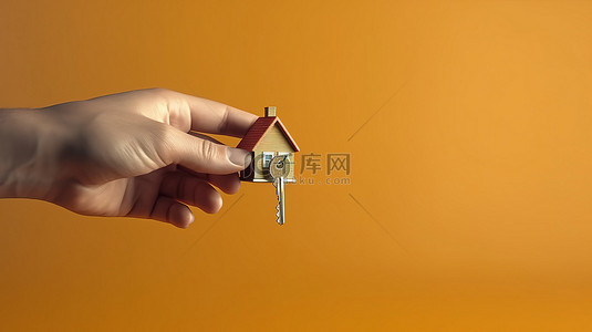 家居销售背景图片_手握房屋设计的 3D 插图钥匙扣