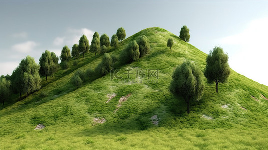山丘草原背景图片_数字艺术作品描绘了一座被树木覆盖的风景秀丽的山丘