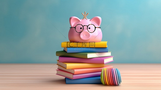 3D 渲染智能存钱罐，戴着眼镜，在彩色书堆上，非常适合教育概念