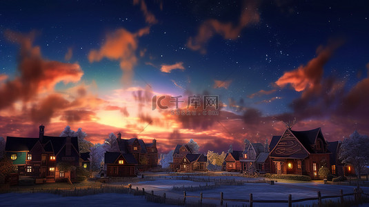4k风景壁纸背景图片_傍晚的天空照亮了 3D 插图中的村庄