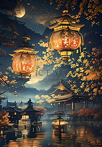 新年小物插画背景图片_灯笼中国风夜晚插画