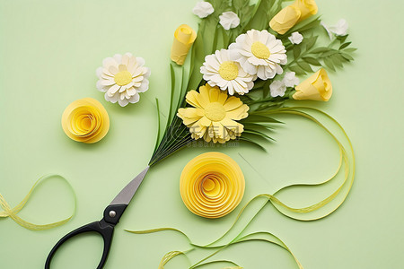 一把花背景图片_一把剪刀纸胶水和鲜花