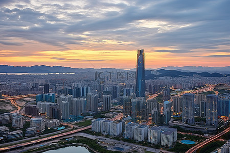首尔城市背景图片_首尔日落 首尔天际线空中 韩国旅游