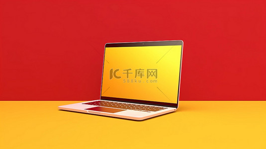空白白屏红色笔记本电脑隔离在充满活力的黄色背景模板上，用于屏幕模型 3D 渲染