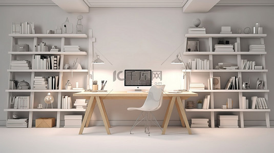 带笔记本电脑办公用品书籍和充足复印空间的家庭办公室的 3d 插图