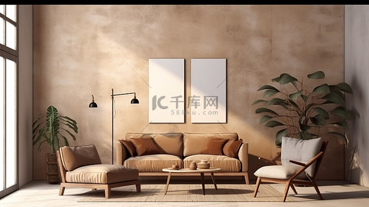 棕色木框背景图片_阁楼风格米色和棕色复古室内模拟海报背景 3D 渲染