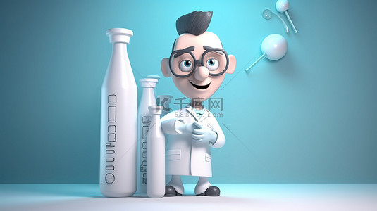 卡通医生拿着超大注射器，站在玻璃瓶旁，透明液体 3D 渲染