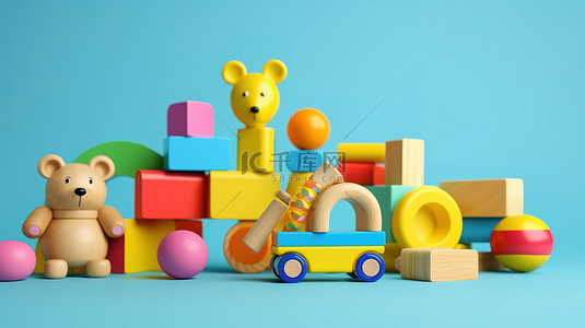 蓝色横幅背景上充满活力的教育木制玩具，为孩子们提供 3D 渲染