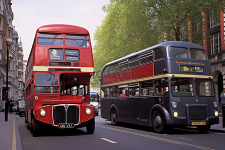 红色城市车背景图片_一辆黑色单层出租车和一辆红色双层巴士沿着城市行驶