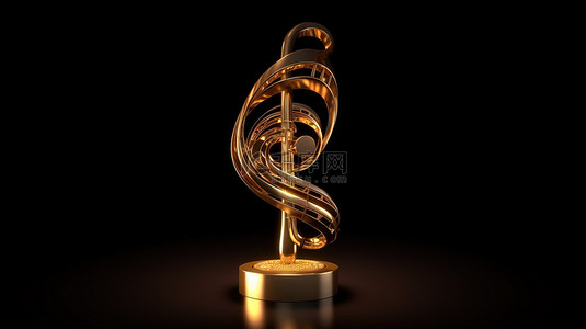 音乐彩色背景背景图片_黑色背景的 3D 插图，带有装饰金音乐奖的高音谱号