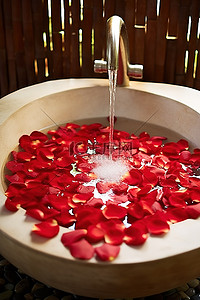带红色花瓣的美丽心形浴室水槽