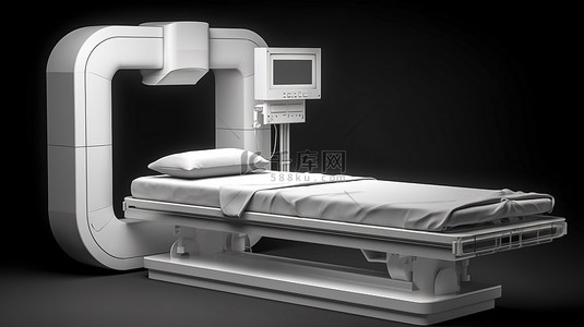 核磁共振设备扁平背景图片_3D 渲染 C 臂扫描机中的空床