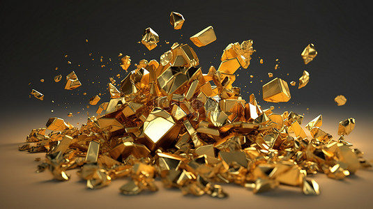 黄金抽背景图片_华丽的黄金宝藏的破碎残余物概念 3D 渲染