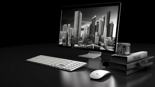 网页控件背景图片_台式计算机的单色 3D 渲染