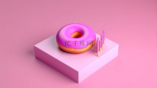 甜甜背景图片_粉红色背景下的 3D 渲染等距甜甜圈图