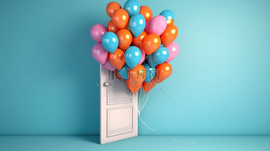 充满活力的气球在蓝色背景简约 3D 渲染的封闭白色门后翱翔
