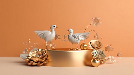 镀金展台产品展示台的 3D 插图，装饰有华丽的海贝壳花朵和金色鸟类装饰
