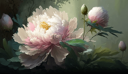 牡丹复古背景图片_粉红色的牡丹花鲜花花瓣花苞花卉油画背景
