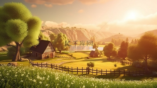 快乐的太阳背景图片_3D 插图中令人惊叹的农田场景与神奇的阳光