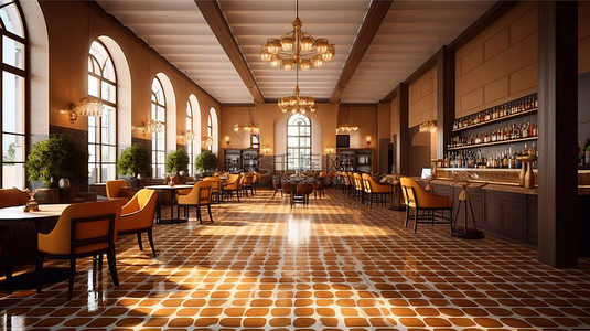 优雅的酒店酒吧内饰，配有别致的木制家具和 3D 渲染的马赛克瓷砖地板