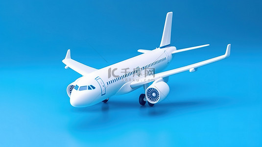 蓝色背景上的 3D 渲染白色飞机非常适合在线门票和旅游概念