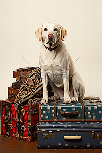 拉布拉多白色背景图片_白色拉布拉多狗和行李坐在一些行李旁边