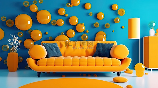 橙色样机背景图片_现代客厅配有充满活力的橙色沙发黄色拱形落地灯和宁静的蓝色墙壁3D渲染