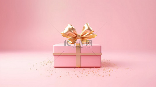 柔和的粉红色背景的创意 3D 渲染，带有悬浮的粉红色礼品盒，上面绑着金色丝带蝴蝶结