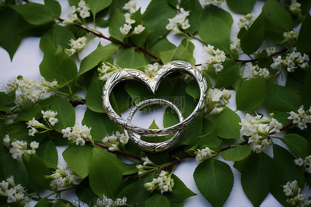 用树叶装饰的心形结婚戒指