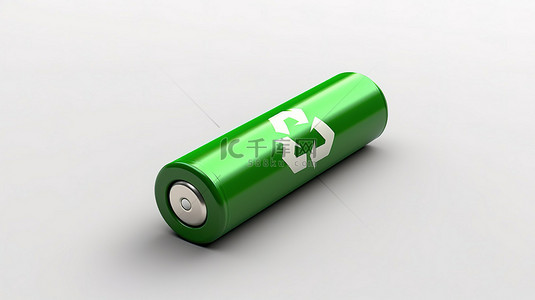 带绿色箭头的可充电电池的 3D 渲染，象征白色背景上的电池回收概念