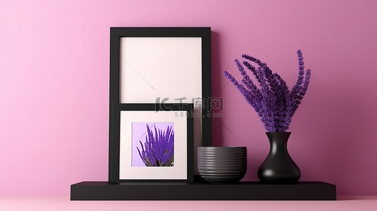 方形黑色相框模型靠在 3D 插图中的紫色架子上