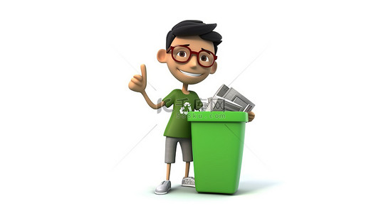 快乐的 3D 动画亚洲青少年拿着回收箱