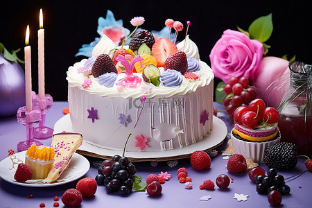 玫瑰气球背景图片_一个蛋糕，蛋糕旁边有鲜花和气球杯