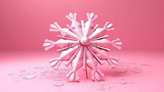 描绘冬季雪花的粉红色背景的卡通 3D 渲染