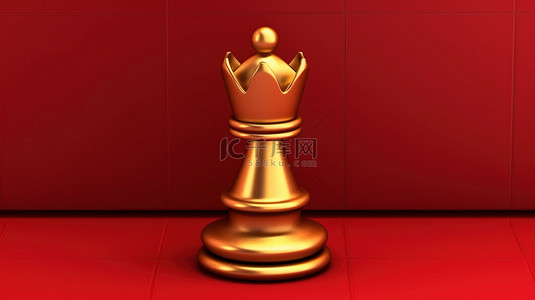 标志性的国际象棋国王 3D 渲染社交媒体图像红色哑光金板上的金色国王符号