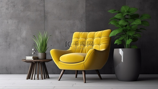 黄色躺椅和绿色坐垫凳与 3D 渲染中郁郁葱葱的植物花瓶相得益彰，与精致的灰色内饰相得益彰