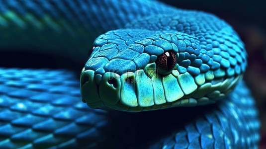 眼睛蓝色背景图片_蓝色毒蛇 Trimeresurus insularis 蛇的超缩放 3D 渲染