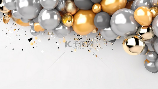 2023金色背景图片_1 奢华气球和闪闪发光的铝箔五彩纸屑的 3D 渲染在白色背景上层叠，并留有文本空间
