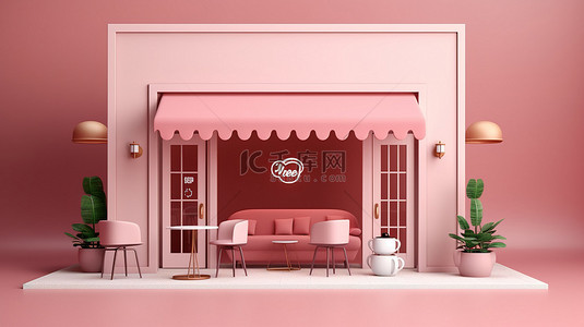 极简主义咖啡店中白色商店标志和粉红色背景的 3d 渲染