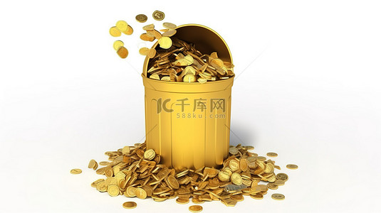全球比特币背景图片_白色背景上装满美元的金色比特币帽钢制垃圾桶的 3D 插图