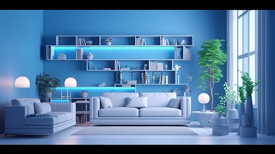 小品家中背景图片_公寓或家中蓝色色调起居区的 3D 渲染