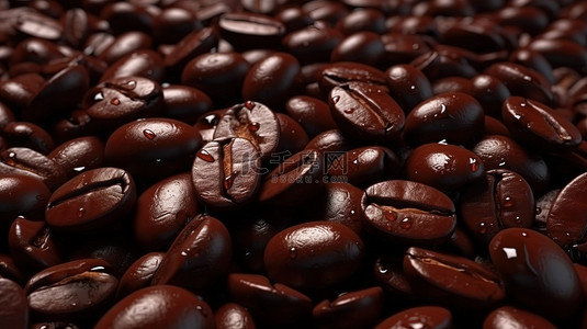 新鲜烘焙状态下浓郁的黑咖啡豆的 3D 渲染