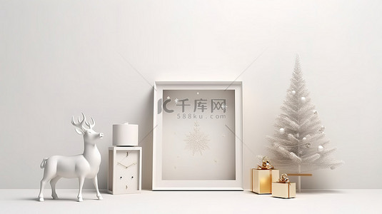 节日海报展示，以音乐盒杉树星花环和鹿为特色，以白墙背景 3D 呈现