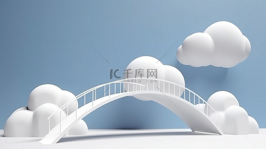 蓝天空建筑背景图片_白色人行桥对多云天空的极简主义 3D 渲染
