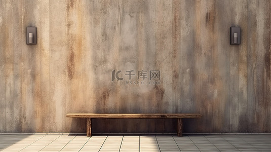 站板凳上背景图片_老房子前有装饰长凳的木板墙的 3D 渲染