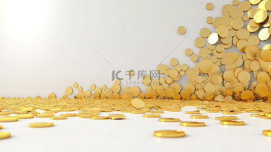 白色金币符号背景图片_带有复制空间横幅的白色背景 3D 渲染中的大量黄色美元硬币
