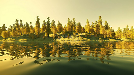 夏季背景 3D 渲染黄树和绿草反映在湖水中